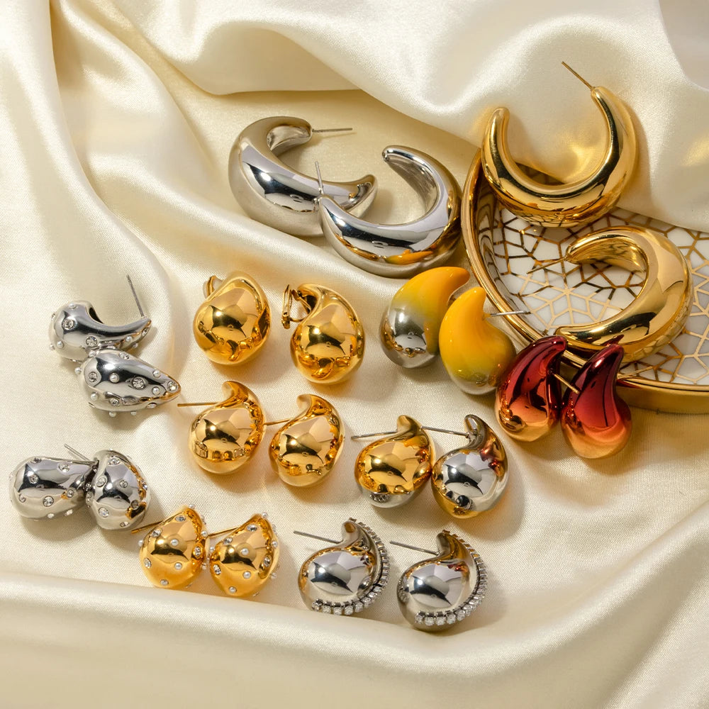 Vanddråbe i rustfrit stål Håndemaljerede, hule øreringe i mode, personlig guldfarve tekstur, vandtætte smykker