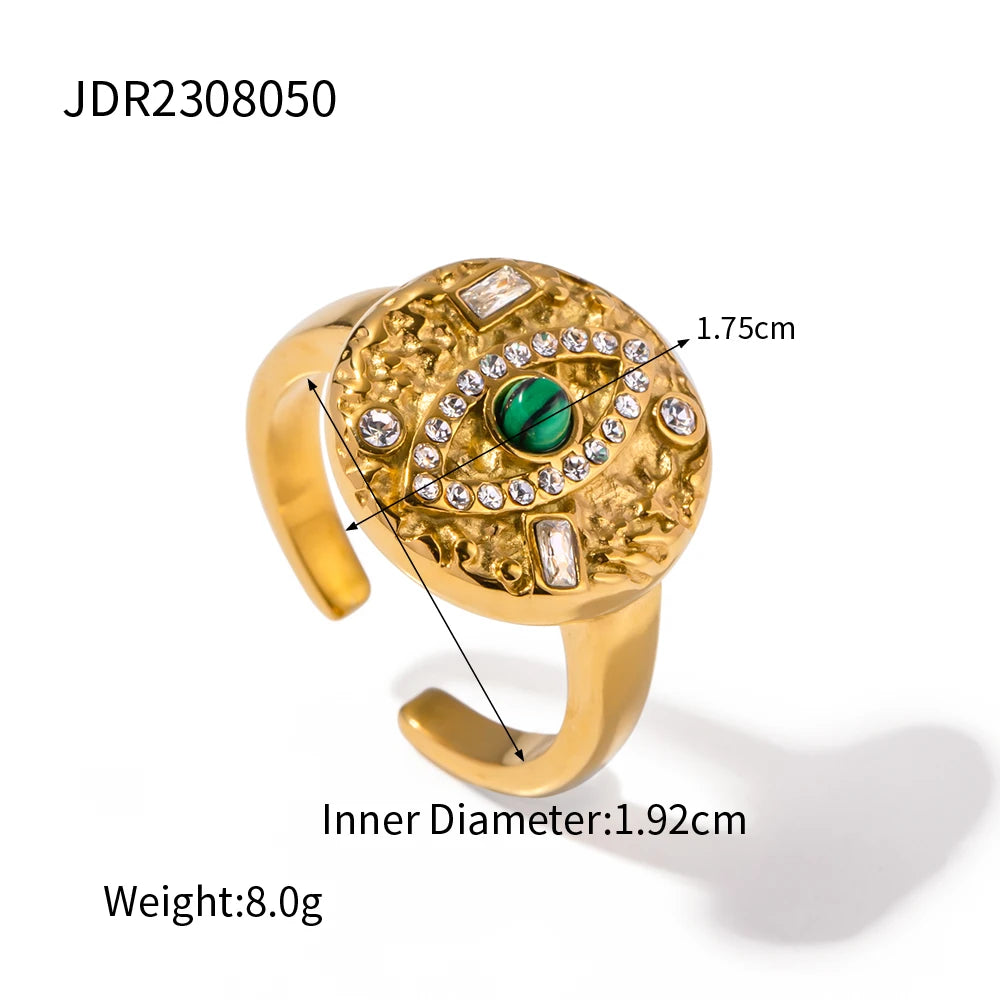 Roestvrij staal 18K goud vergulde malachiet inleg met duivels oog vorm ring oorbel set vrouwen vinger oor verkleuring vrije sieraden