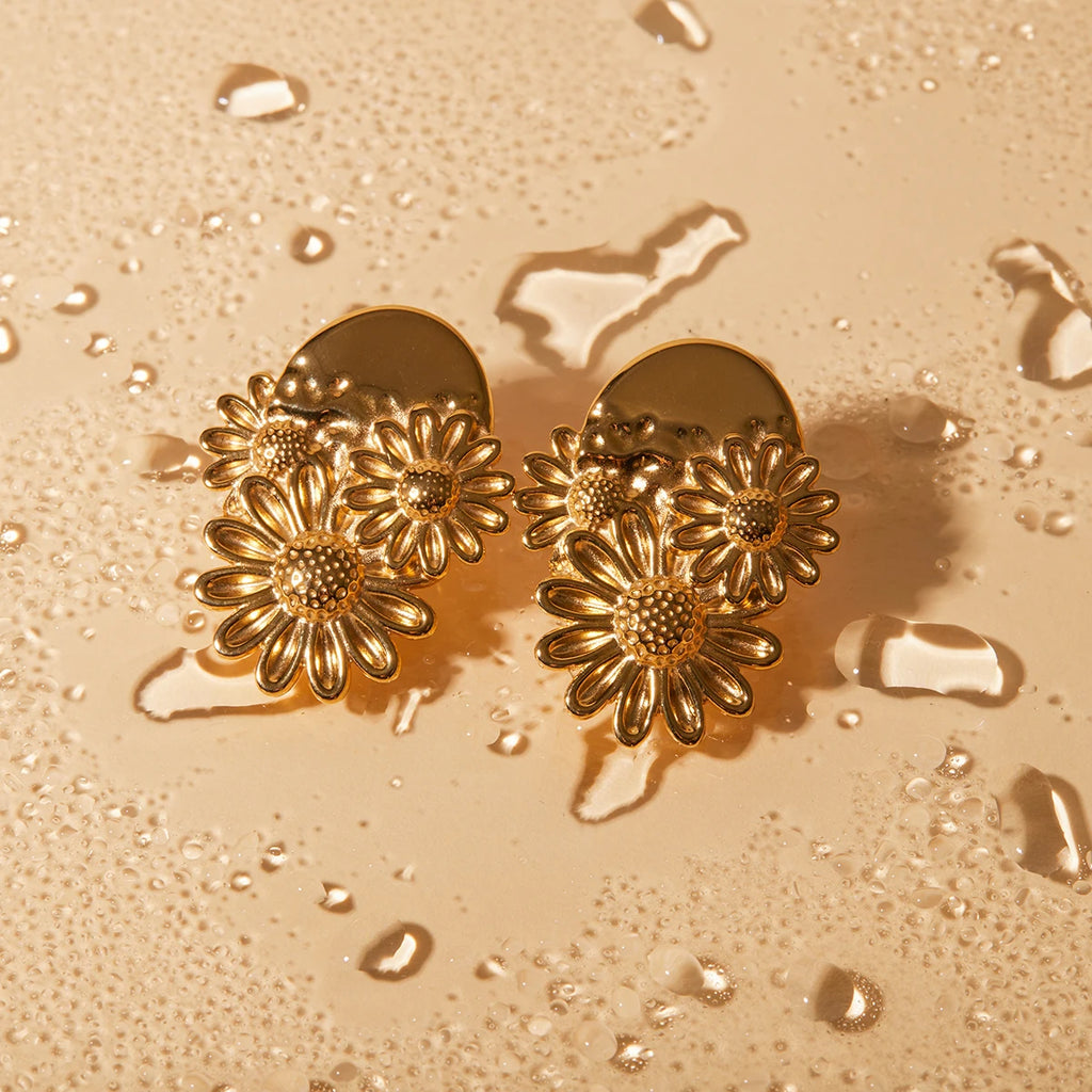 Stylish Unique Metal Textured Small Daisy Flower Design Earrings Stainless Steel 18k Gold Plated Women Holiday Jewelry - Grand Goldman
