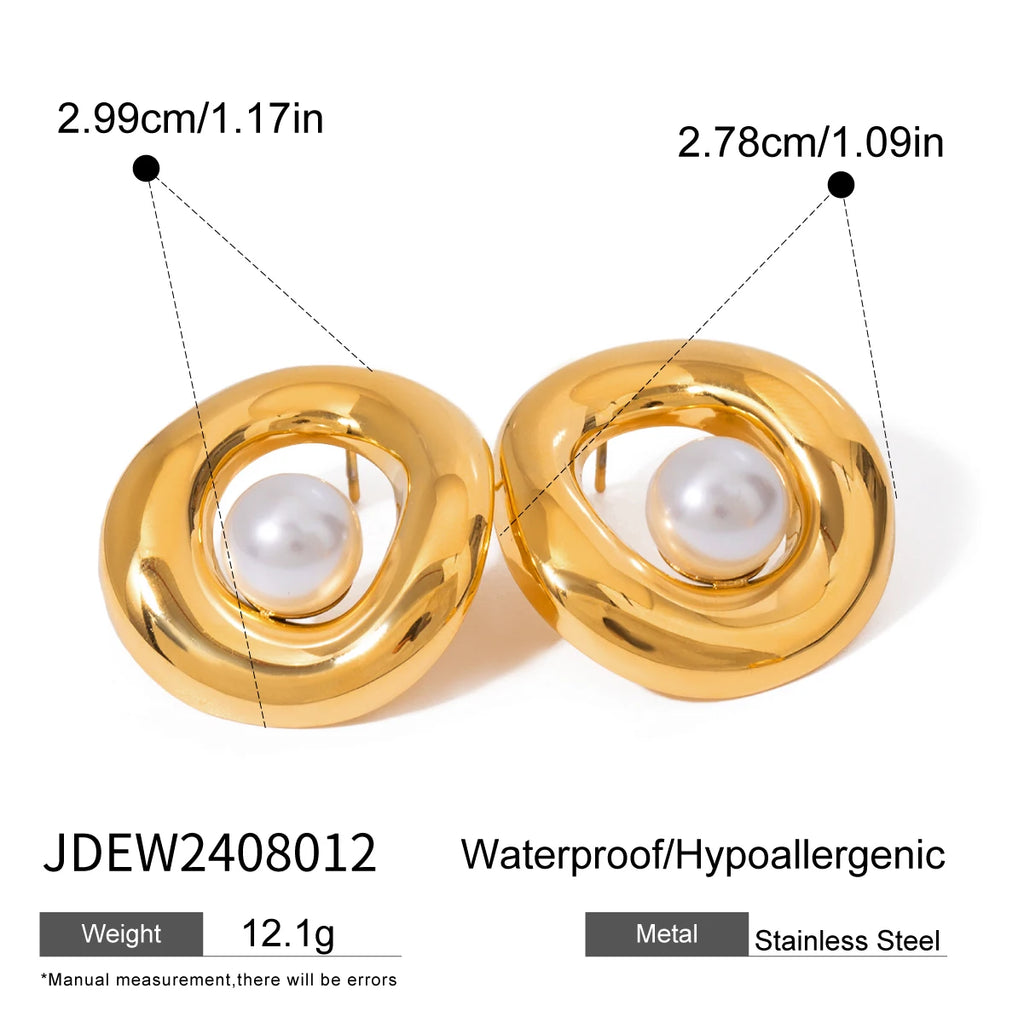 18K vergoldeter Edelstahl Metall gewebt modische Imitationsperle hohl glatt Ohrring Ring täglicher Charme für Frauen Schmuck