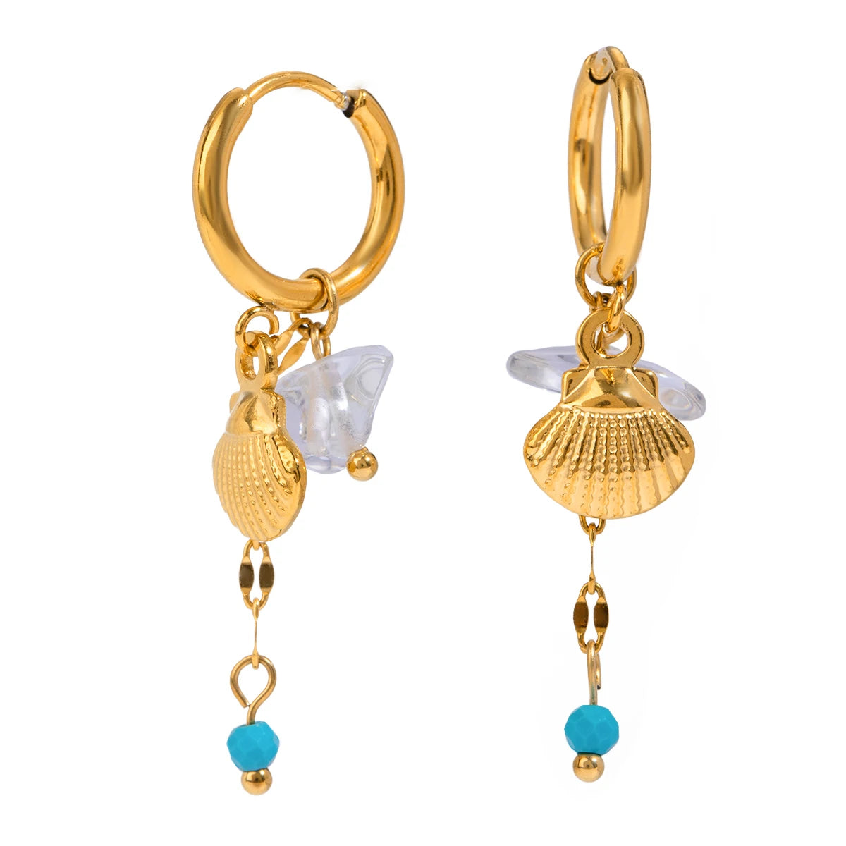 Brincos de Argola com Fivela de Concha de Pedra Natural Aço Inoxidável Metal Banhado a Ouro 18K PVD Feminino Prevenção de Alergia Joias Delicadas