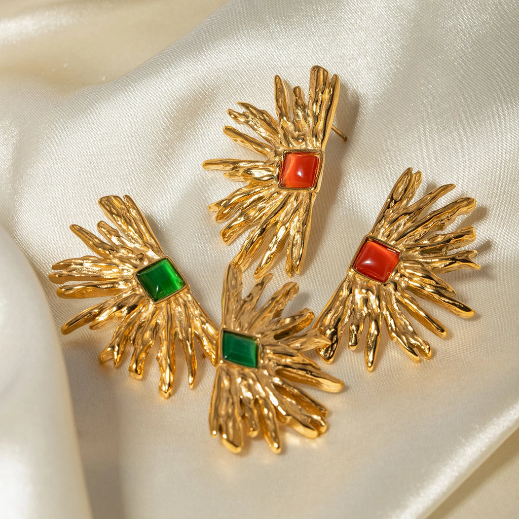 Geometrische wasserdichte 18k vergoldete Edelstahl-Opal-Halbrund-Sonnen-Ohrringe Charme Statement Anti-Allergie Schmuck