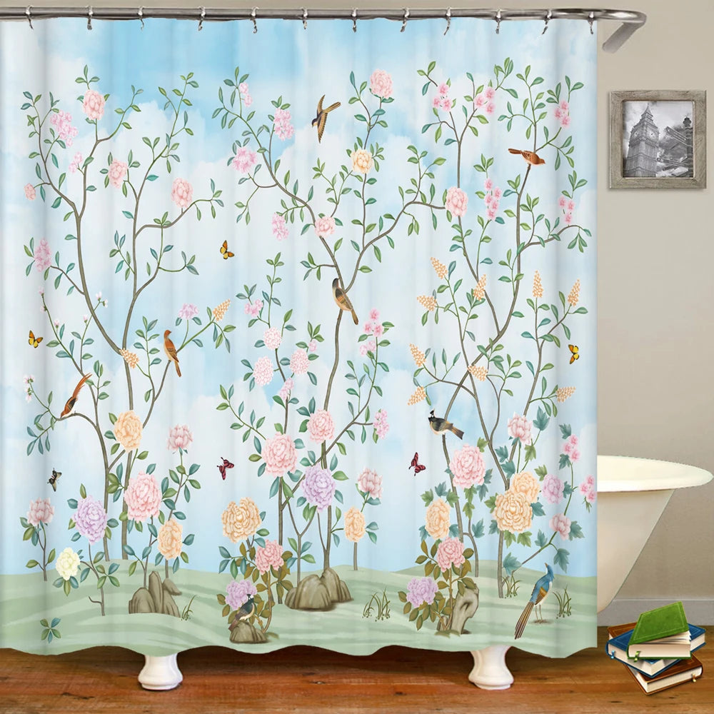 Chinese style Flowers and Birds Waterproof Shower Curtain Set Toilet Seat Cover Bath Non-Slip Mat Rug Carpet Bathroom Decor