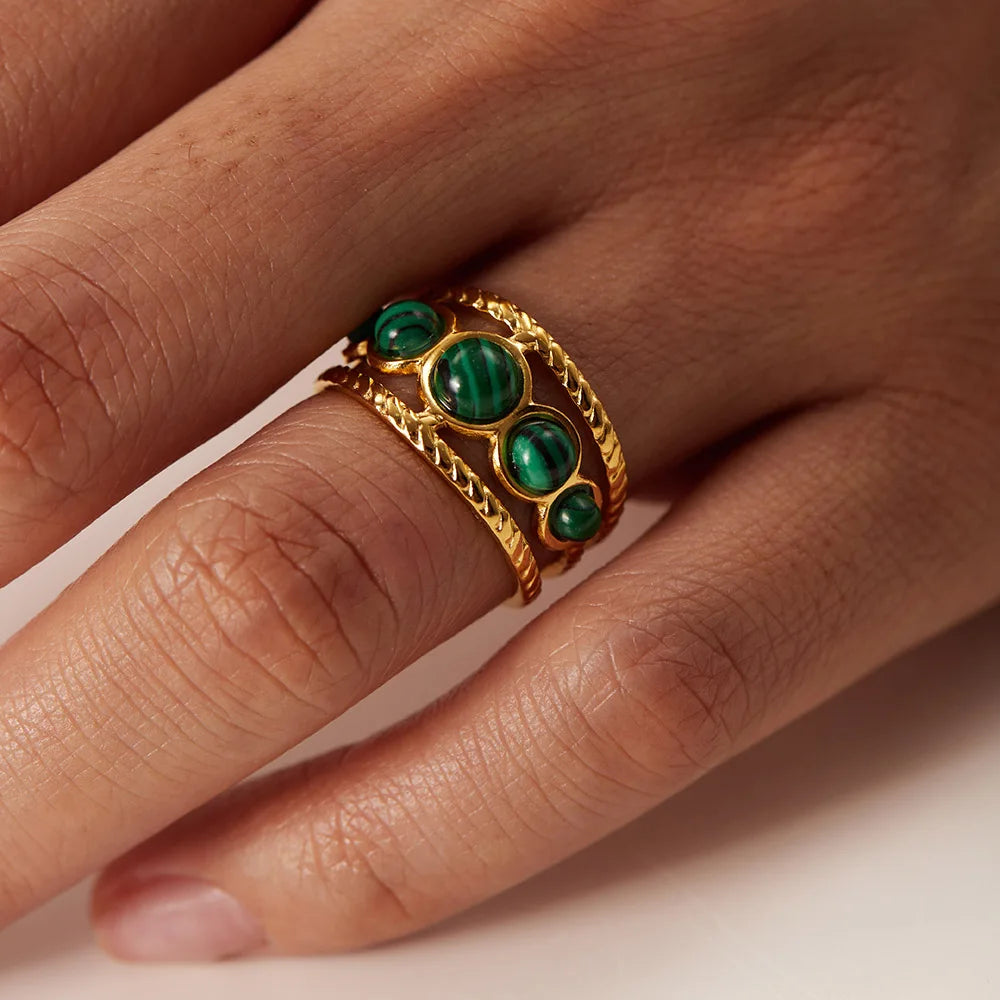 Water Proof PVD Gold Plated Stainless Steel Natural Malachite Stone Hollow Adjustable Rings Waterproof anillo acero inoxidable