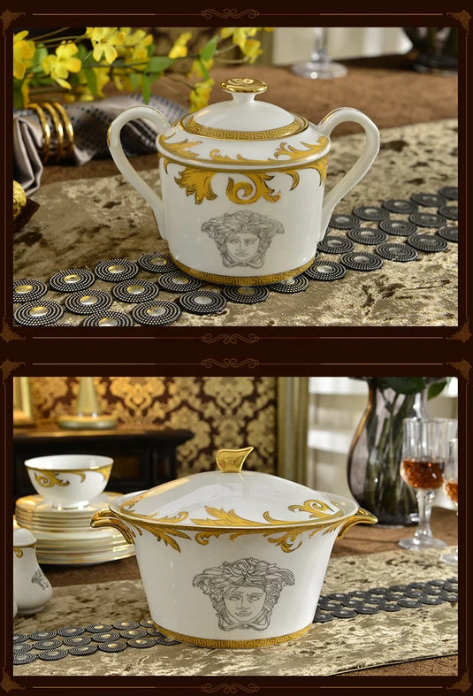 Coffrets de table de luxe en porcelaine 58 pièces Service de table Service à café Plats Bol Cuillère et assiettes