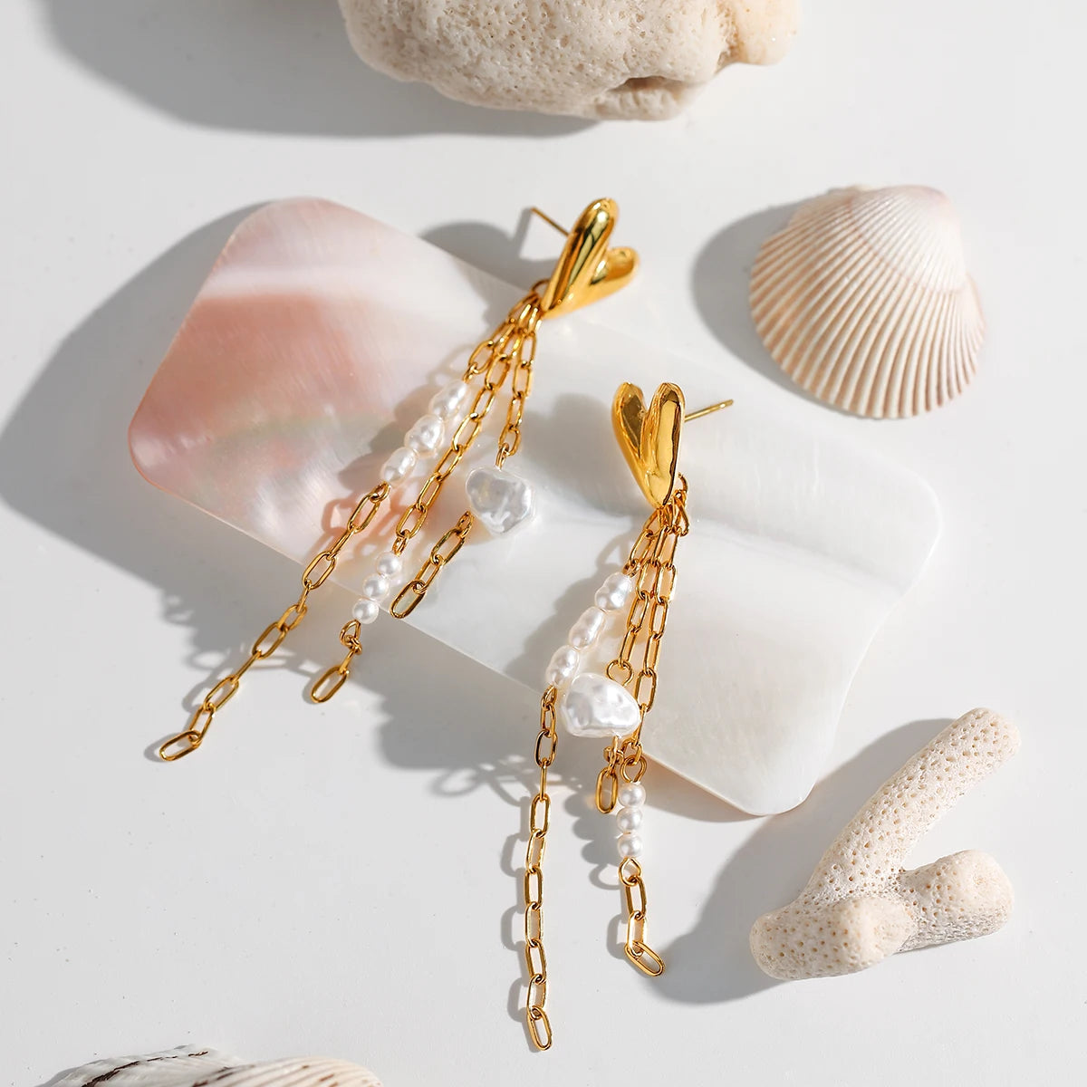 Imitation Pearl 18k Gold Plated Stainless Steel Elegant Smooth Heart-shaped Tassel Earring Women Prevent Allergy Gala Gift