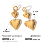 Brincos Pingente de Amor Duplo Coração Banhados a Ouro 18K em Aço Inoxidável, Antioxidante, Joia de Alta Qualidade para Mulheres, Presente