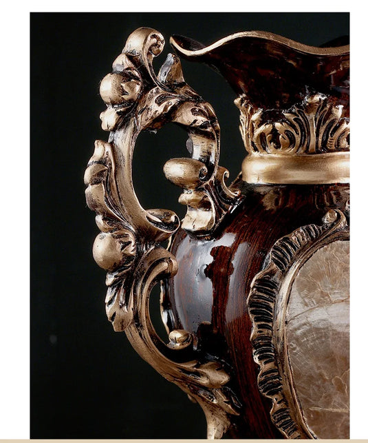 Luxury European Resin Vase Dried Flowers Arrangement Antique Victorian Look Ornate Wooded Appearance Detailed Engravings Royal Brown Tabletop Vase for Living Room Entrance Ornaments Home Decorations