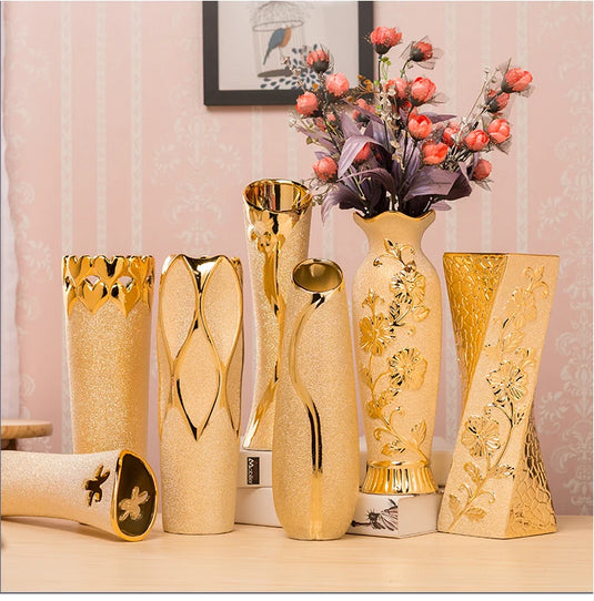 MULLER Vase de luxe en céramique plaqué or, amphore décorative en porcelaine de style européen, décoration moderne et créative pour la maison, pot de fleur élégant pour les décorations de mariage et d'événements