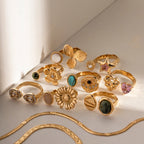 Chunky Sleek 18K Gold Plated High Quality Multi-patterned Inlaid Stone Design Rings Stainless Steel Tarnish Resistant Ring