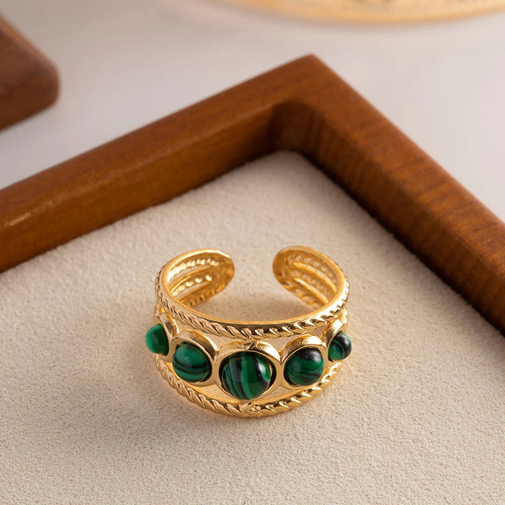 Water Proof PVD Gold Plated Stainless Steel Natural Malachite Stone Hollow Adjustable Rings Waterproof anillo acero inoxidable