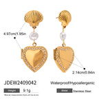 Orecchini a goccia con conchiglia placcata in oro 18k a forma di cuore d'amore, scatola per foto, acciaio inossidabile, donna, antiruggine, regalo per gala, gioielli