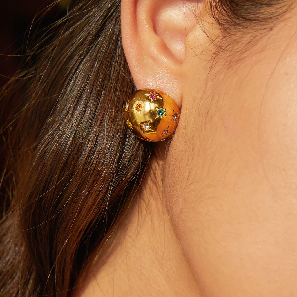 18k Gold Plated Delicate Stainless Steel Star Hemisphere Earrings Inlay Rhinestone Light Cozy Rust Proof Bijoux Femme Gala Gift - Grand Goldman