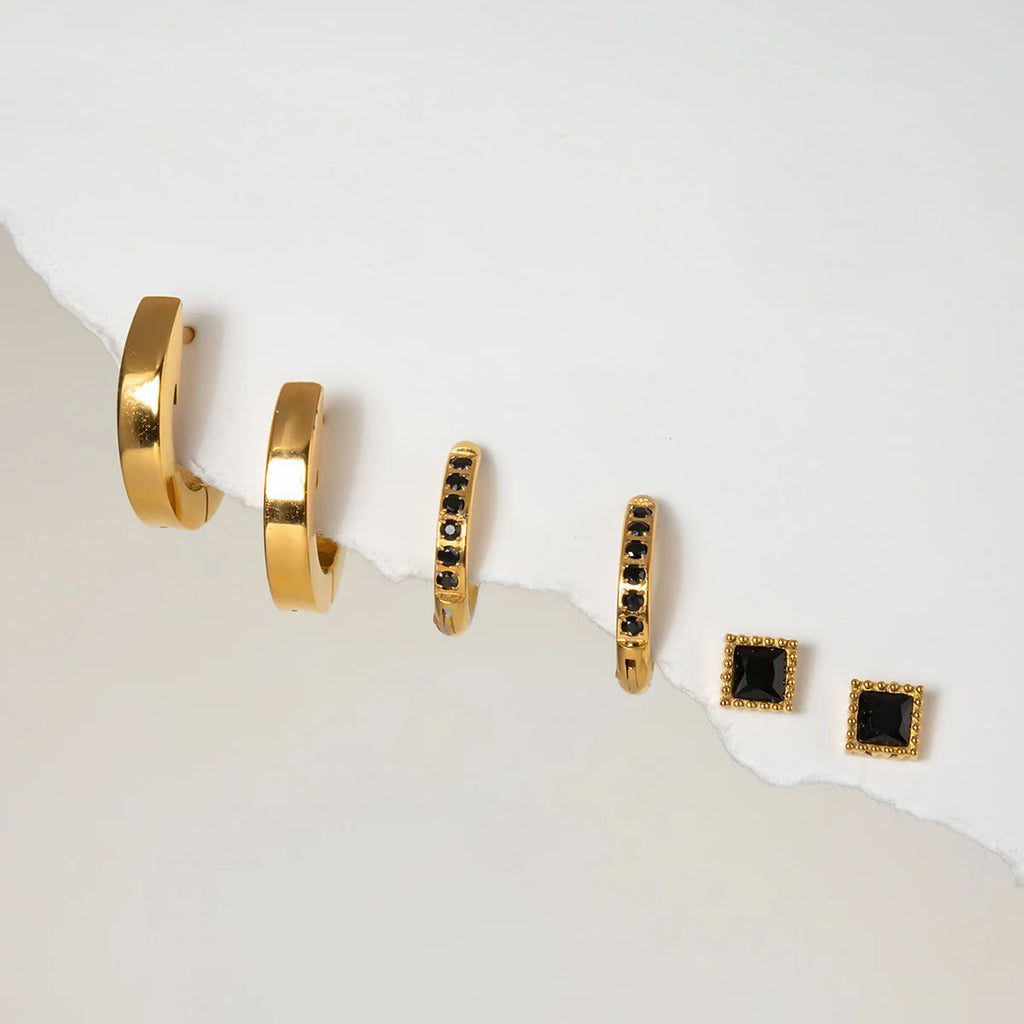 18k Stainless Steel Vintage Black Rhinestones Buckle Earrings 3 Pairs In One Card Women Statement Charm Rust Proof Jewelry