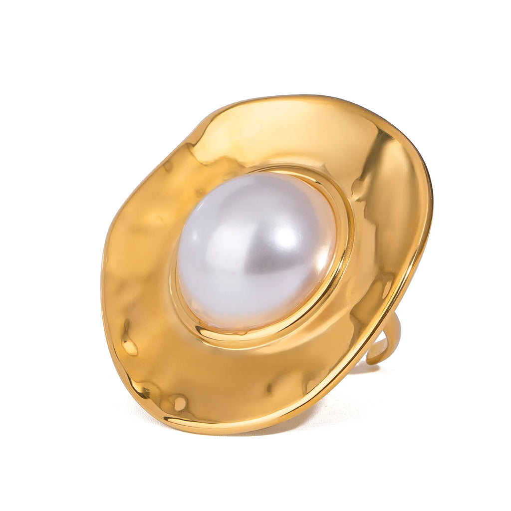 Geometrisch konvexer, gefalteter Korn-Rundschalen-Perlen-Öffnungsring aus Edelstahl, 18K PVD-beschichtet, allergiepräventiver Schmuck