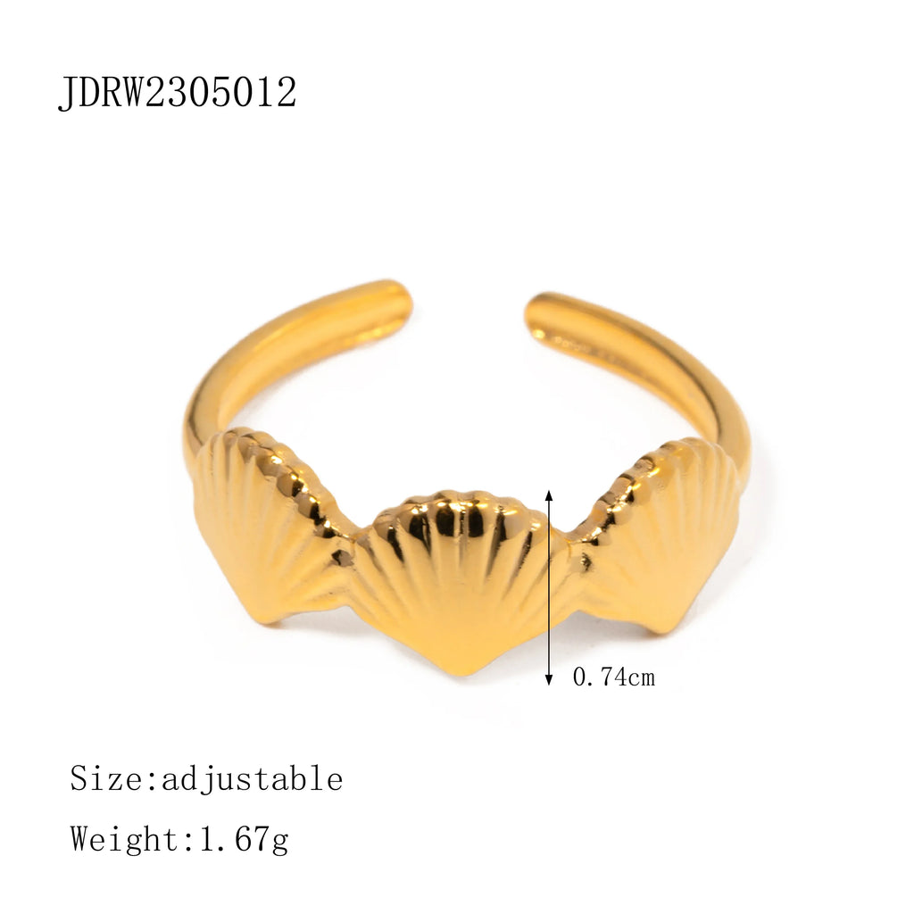 2024 Delicate Stainless Steel 18k Gold Stainless Steel Shell Shaped Opening Ring Gold Color Texture Trend Jewelry for Women
