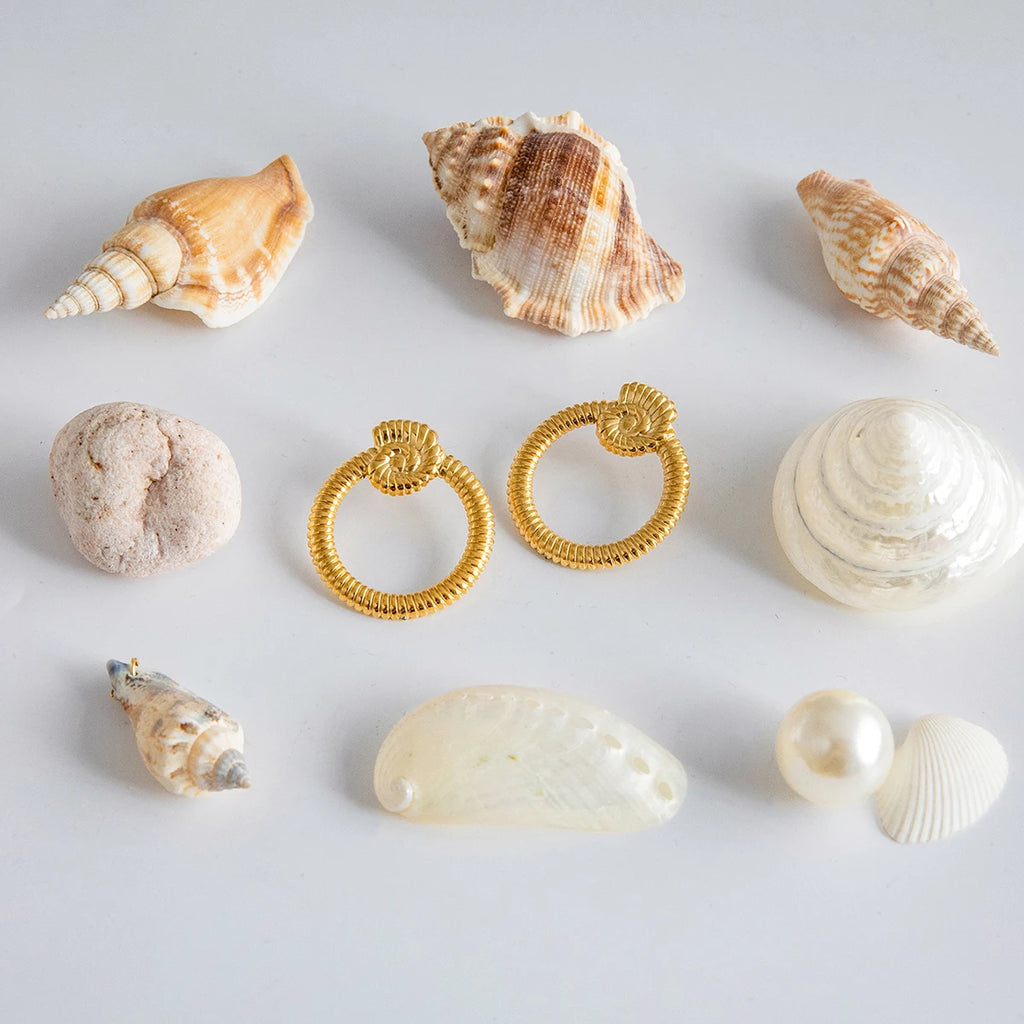 Stainless Steel 18k Gold Plated Vintage Round Small Threaded Conch Earrings Waterproof Fashion Charm Jewelry Party