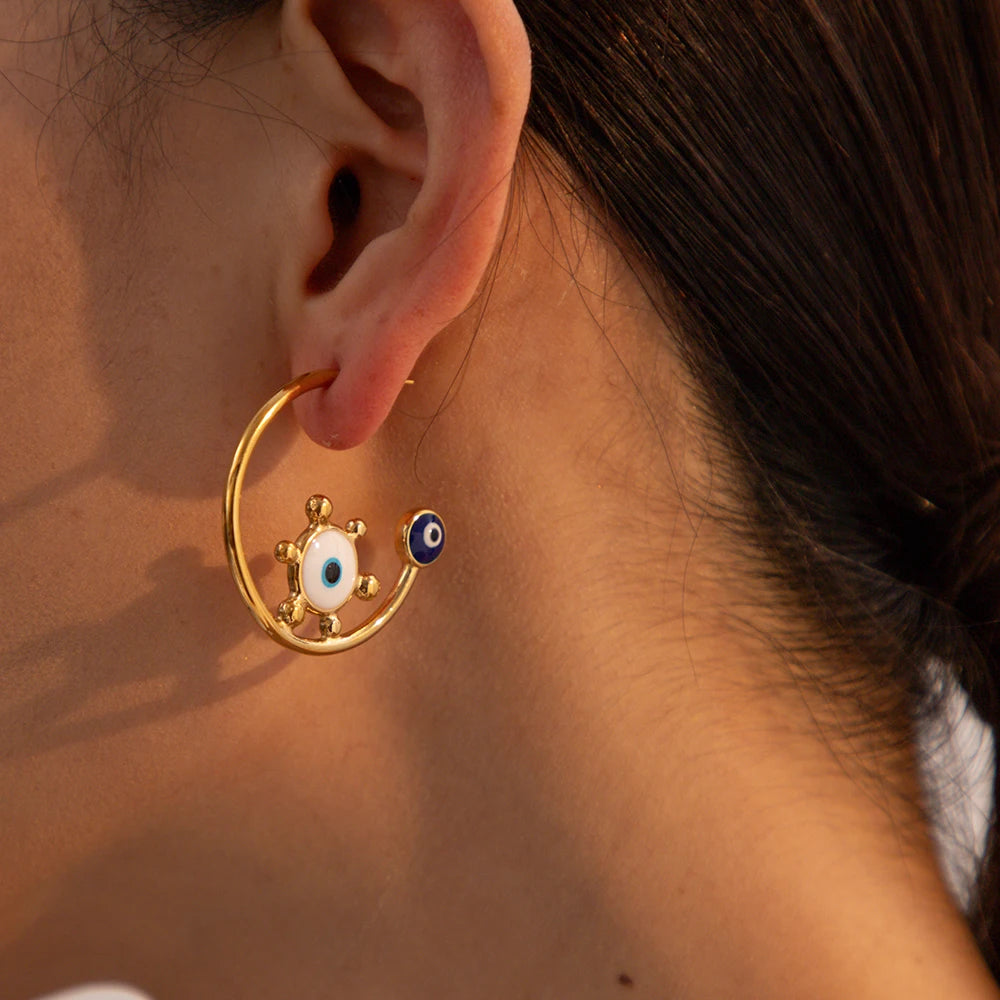 Stainless Steel Waterproof Light Luxury 18K Gold Plated C Loop Devil's Eye Exaggerated Earrings For Women Ear Jewelry