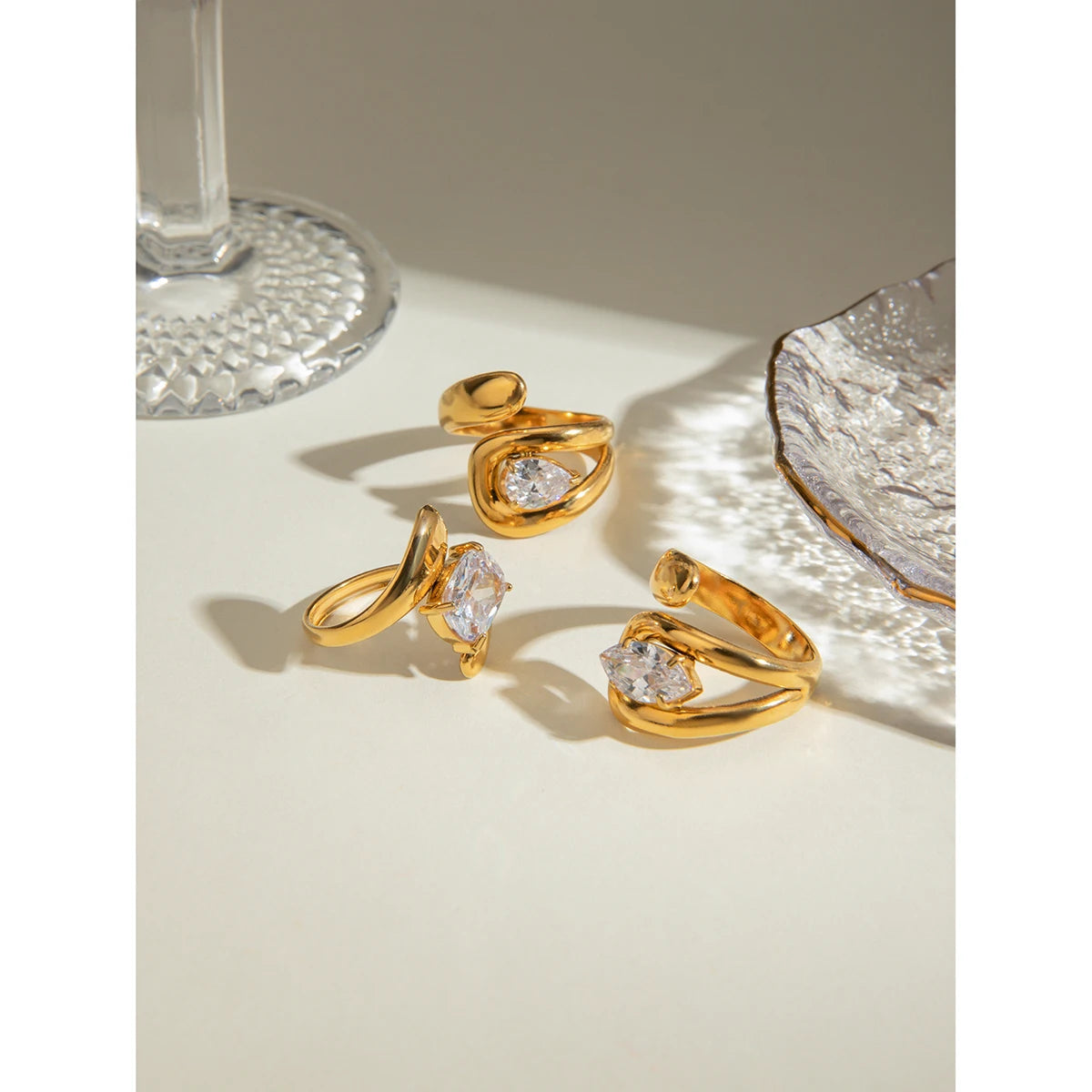 18K Gold Plated Stainless Steel Water Drop Shaped Large Zircon Opening Ring Anti Allergic Women Waterproof Statement Jewelry