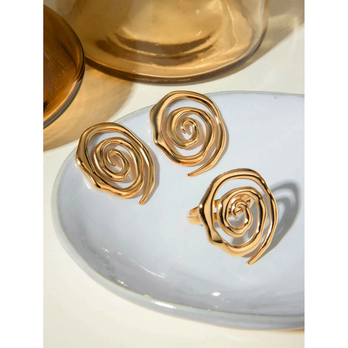 18K PVD Plated Trendy Stainless Steel Round Threaded Earring Ring Set Charm Jewelry Waterproof for Women Gala Gift - Grand Goldman