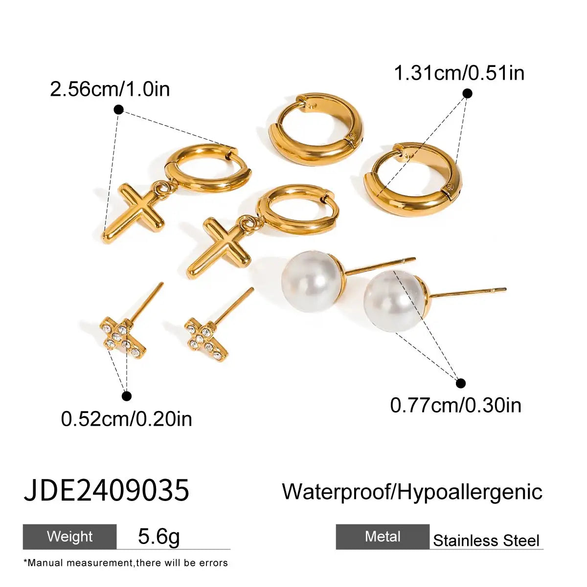 4 Paare pro Karte Edelstahl Kreuz weiße Strass Perlen Ohrringe Damen 18K PVD-beschichtet Allergikerfreundlich Rostfrei Schmuck