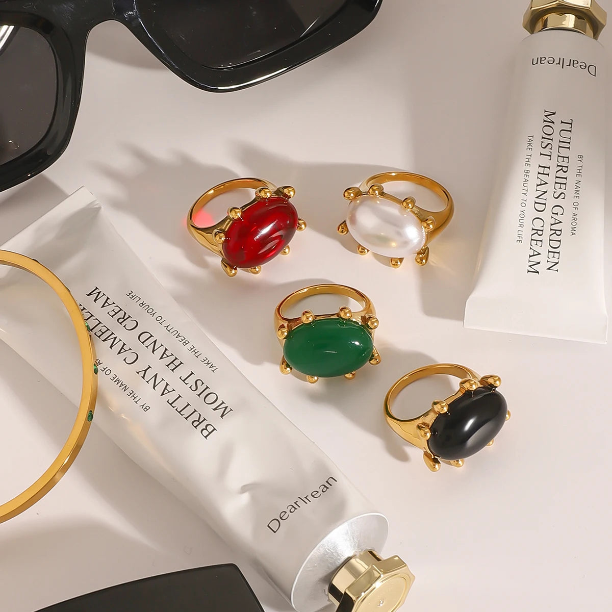 Exquisite 18k Gold Plated Stainless Steel Vintage Exaggerated Inlaid Green Agate Ring Size 7 Women Trendy Charm Chic Jewelry