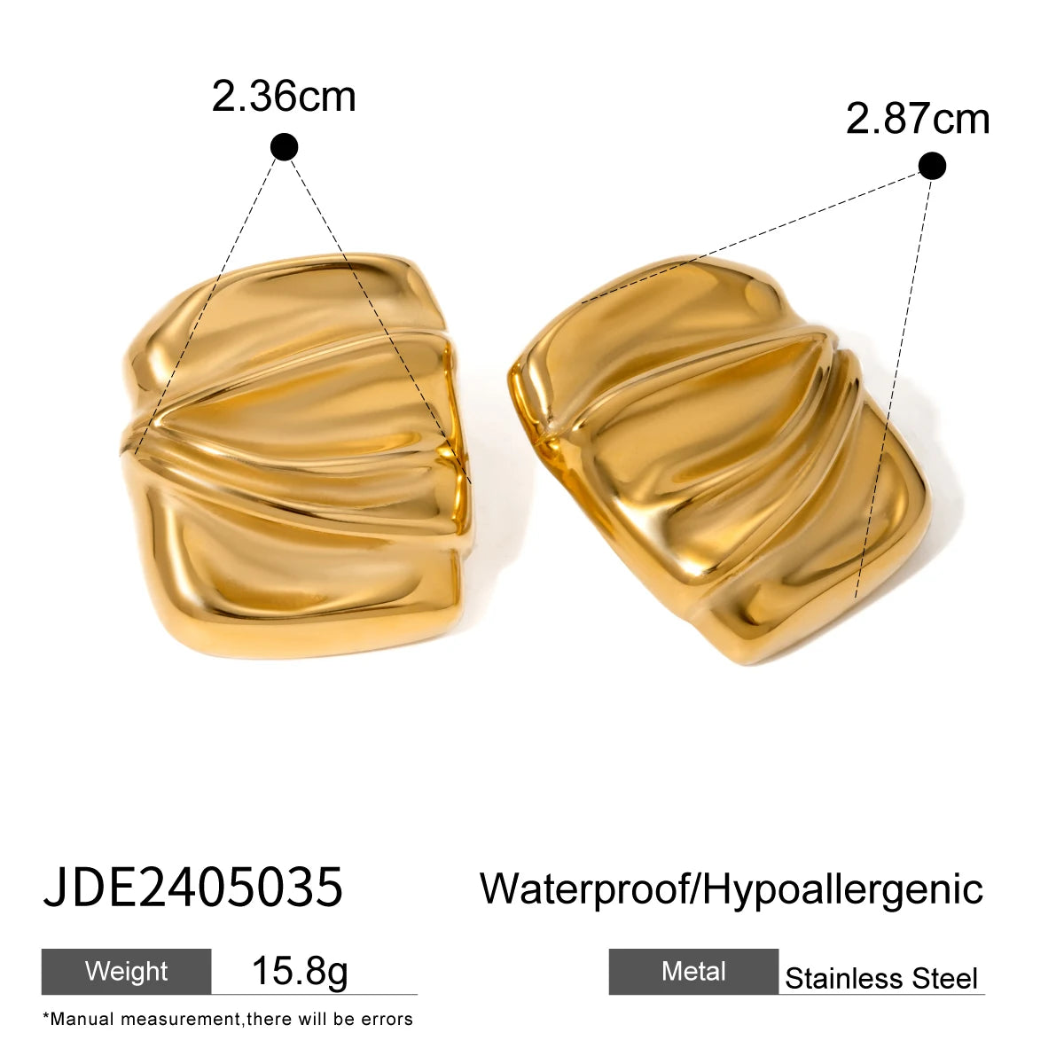 18K PVDメッキ ファッション 幾何学的 ミニマリスト 長方形 プリーツ イヤリング ステンレススチール クリエイティブ アレルギー防止 耳飾り