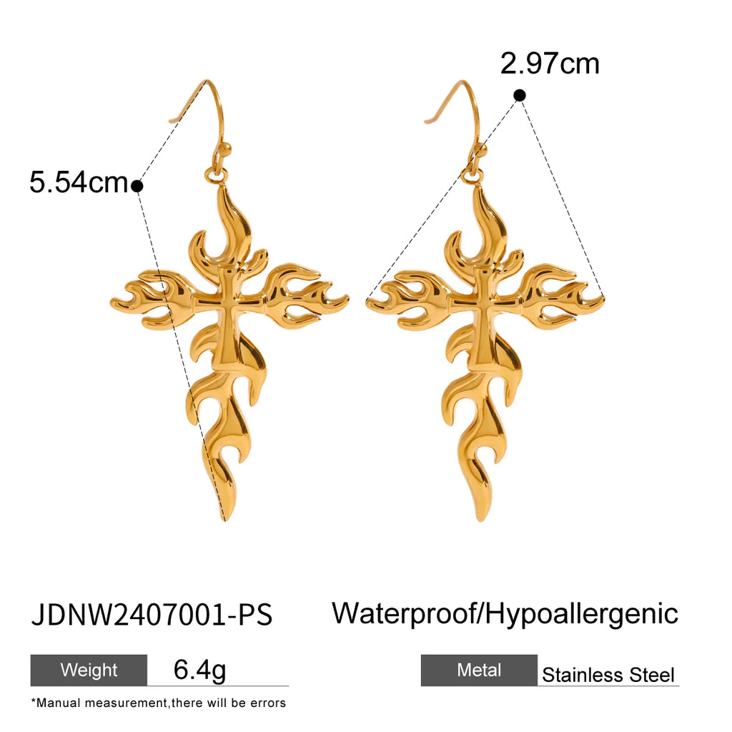 Creative 18K Gold Plated Stainless Steel Geometric Cross Flame Hook Earrings Women Waterproof Attractive Romantic Jewelry