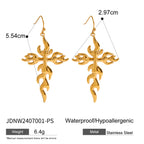 Creative 18K Gold Plated Stainless Steel Geometric Cross Flame Hook Earrings Women Waterproof Attractive Romantic Jewelry