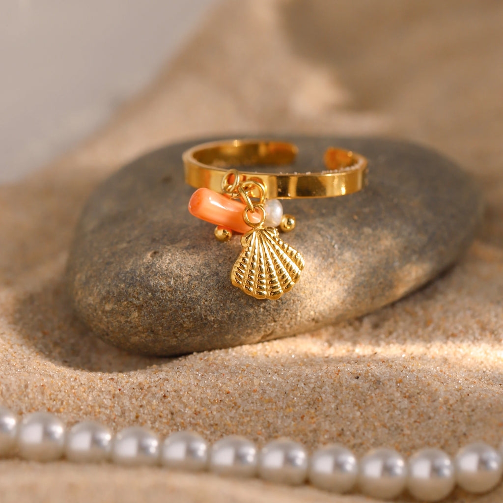 Zora Boho Ocean Style Adjustable Open Ring Gold Plated Stainless Steel Coral Freshwater Pearl Shell Charm Beach Jewelry Gift