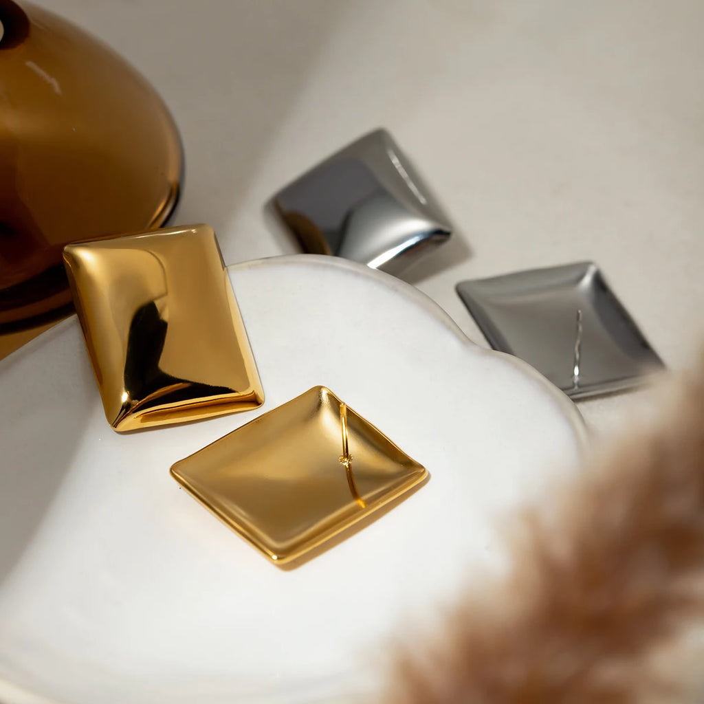 Stijlvolle 18k Goud Vergulde Roestvrije Textuur Eenvoudige Gladde Rechthoekige Oorbellen Bedel Statement Anti Allergische Dames Sieraden