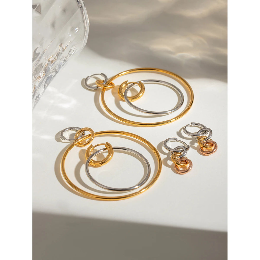 18K PVD Plated Metal Texture Circle Silver with Gold Large Steel Hoop Earrings Stainless Steel Women Prevent Allergy Jewelry