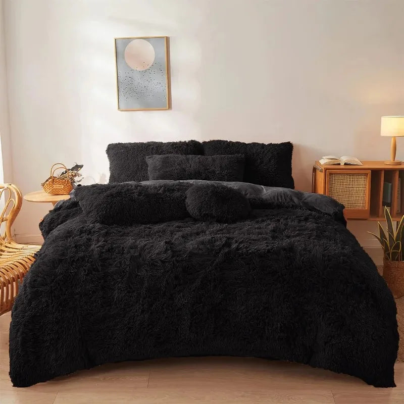 Ultra Soft Black Faux Fur 3-Piece Queen Comforter Set – Plush Fluffy Bedding with Duvet Cover and 2 Pillowcases