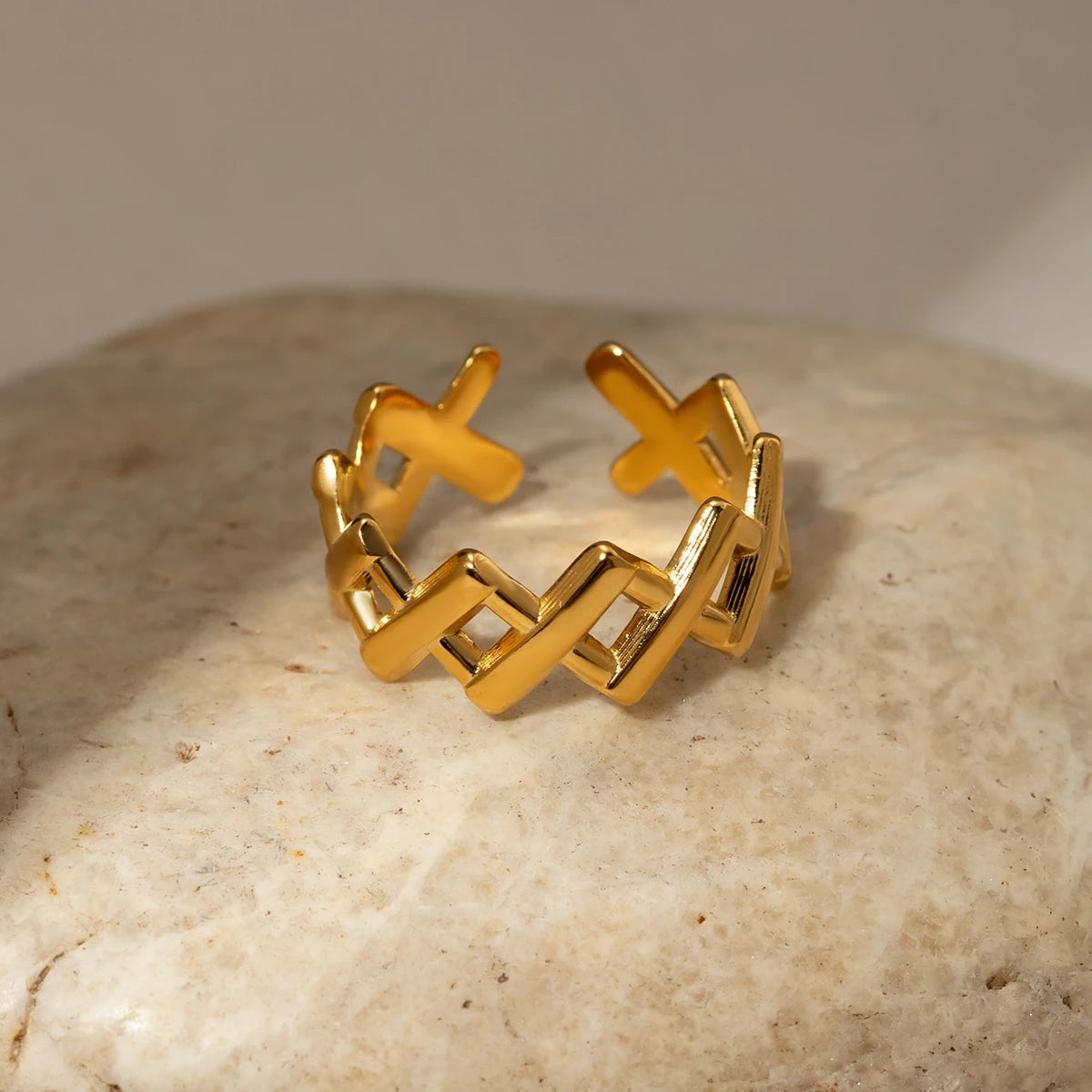18k vergoldeter, rostfreier, geometrischer Edelstahl-Rhombus-Öffnungs-verstellbarer Ring-Anhänger, Statement, antiallergischer Schmuck