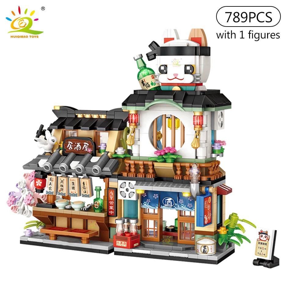 HUIQIBAO City Mini Chinese Street View Grocery Store Meat Shop Building Blocks Japanese Food  Ice Shop Figures Bricks Toys Child