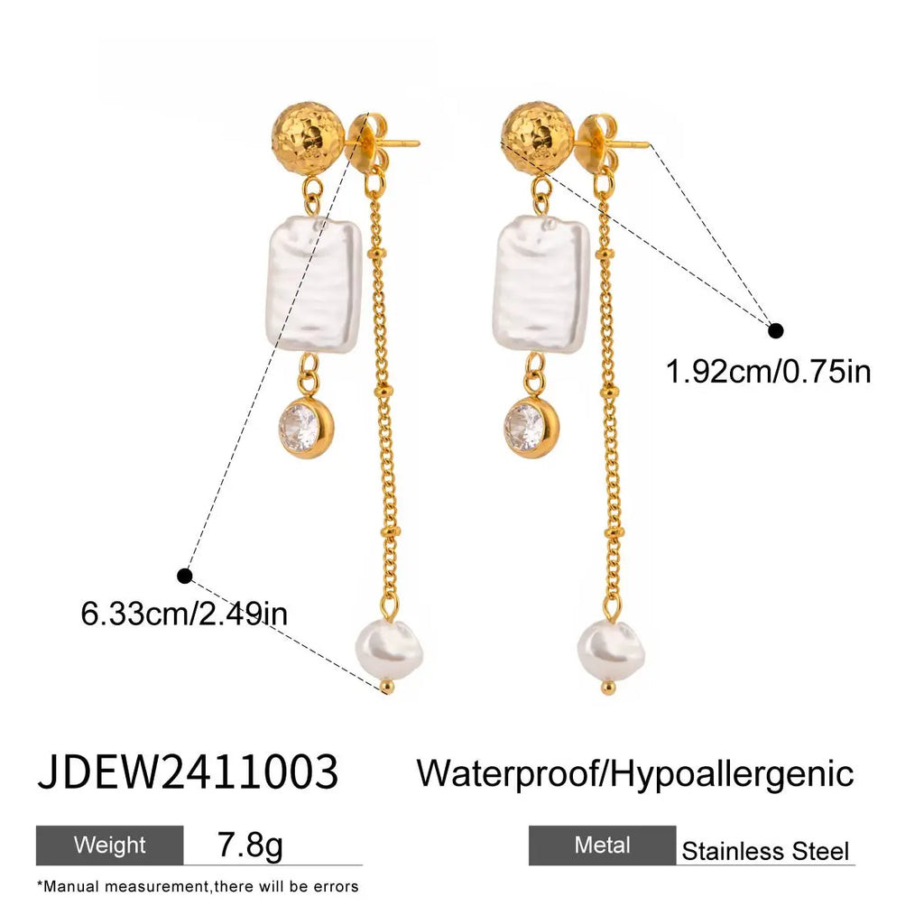 18kゴールドメッキステンレススチールボールスクエアイミテーションパールホワイトジルコンイヤリング女性用アレルギー防止ガラギフトジュエリー