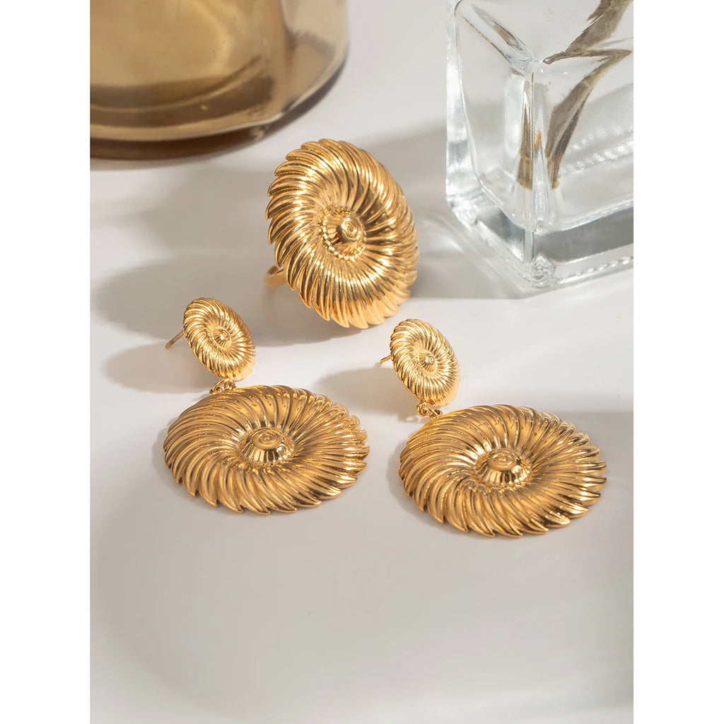 Metaltekstureret 18K guldbelagte geometriske runde gevind, åbne ring ørestikkere sæt rustfrit stål Chunky anløbningssikre smykker