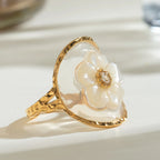 18K Gold Plated Stainless Steel Oval Shell Flower Steel Bead Open Ring Women Creative Anti Allergic Charm Daily Jewelry