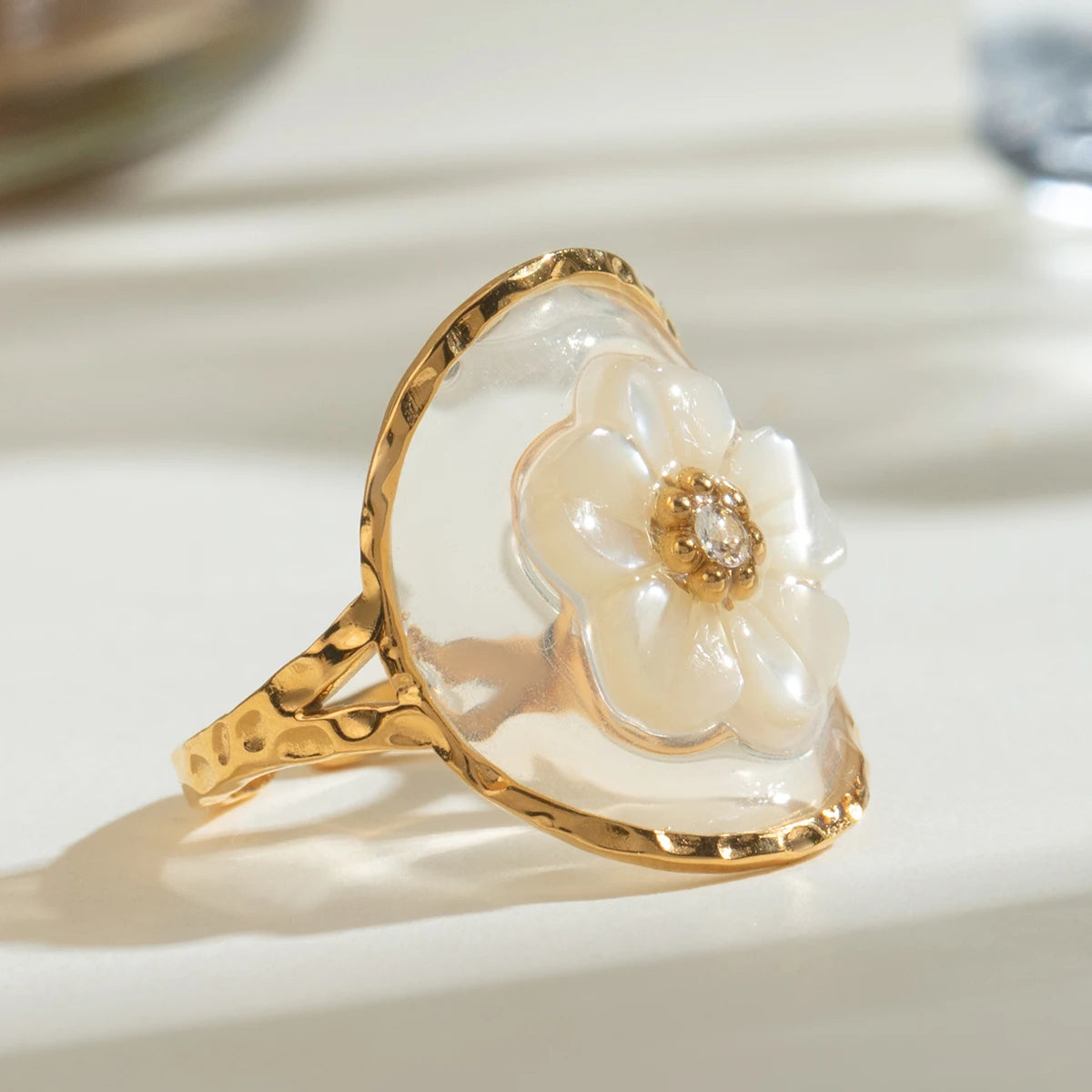 18K Gold Plated Stainless Steel Oval Shell Flower Steel Bead Open Ring Women Creative Anti Allergic Charm Daily Jewelry