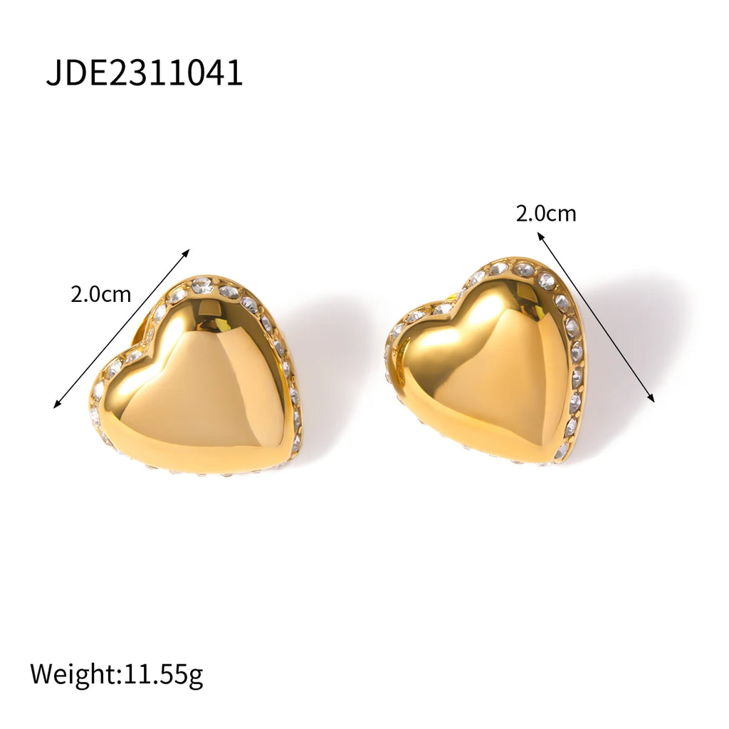 Rustfrit stål 18k forgyldt Minimalistisk Love Heart Øreringe Indlæg med Rhinestones Vandtæt Femme Chic Gala Stilfulde smykker