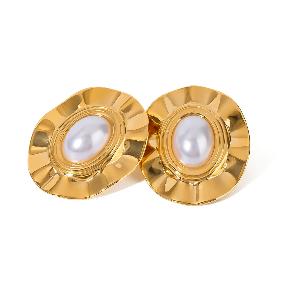 18Kゴールドメッキ 精巧な模造パール オーバル プリーツイヤリング 女性用 ステンレススチール ミニマリスト チャーム ネックレスジュエリー