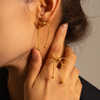 Minimalist Bow Tassel Earrings Open Ring Necklace Combination Jewelry Women Trendy 18K Gold Stainless Steel Daily Wearing