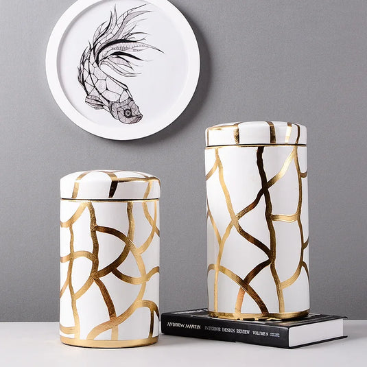 Porcelain Storage Tank Vase Ceramic Ginger Jar Golden Thread Stripes Desktop Organizer Home Decor Accessories Vintage Bottle