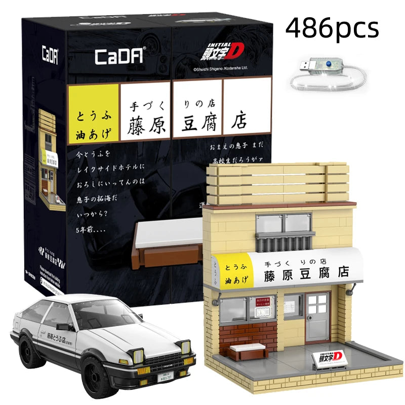 Cada Anime Initial D Tofu Shop House Model Building Blocks City Japanese Racing Car Parking Lot Bricks Toys Kid Gifts With LED