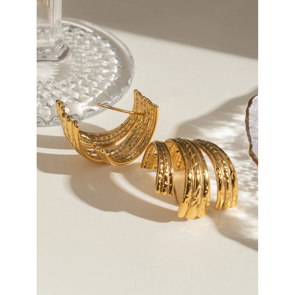 18K Stainless Steel Irregular Vintage Hammer Grain Twist Earrings Waterproof Creative Modern Jewelry Women Bijoux Gift