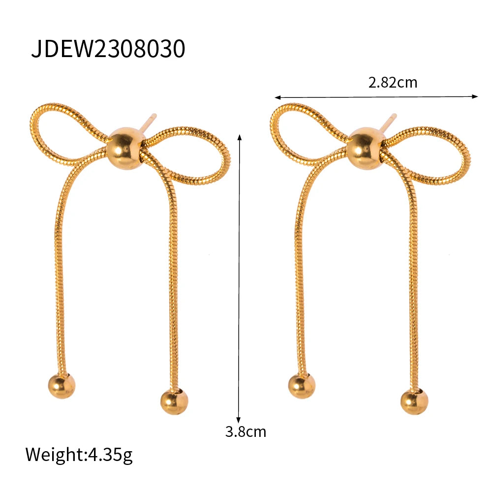 Minimalist Bow Tassel Earrings Open Ring Necklace Combination Jewelry Women Trendy 18K Gold Stainless Steel Daily Wearing