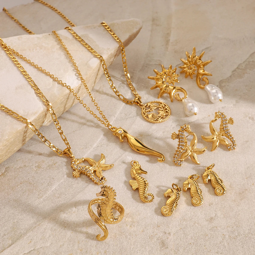 Trendy 18k rustfrit stål søhest form ring halskæde øreringe Kvinder Statement Charm Tekstur Rustfast Trendy smykker gave