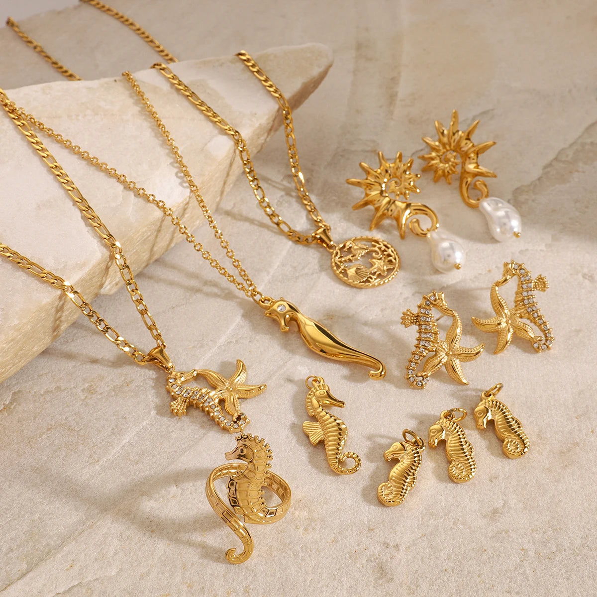 Trendy 18k rustfrit stål søhest form ring halskæde øreringe Kvinder Statement Charm Tekstur Rustfast Trendy smykker gave