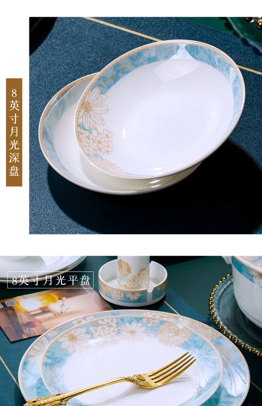 Bols et assiettes de luxe modernes Vaisselle en céramique Jingdezhen, ensemble de bols et d'assiettes à bordure dorée, ménage