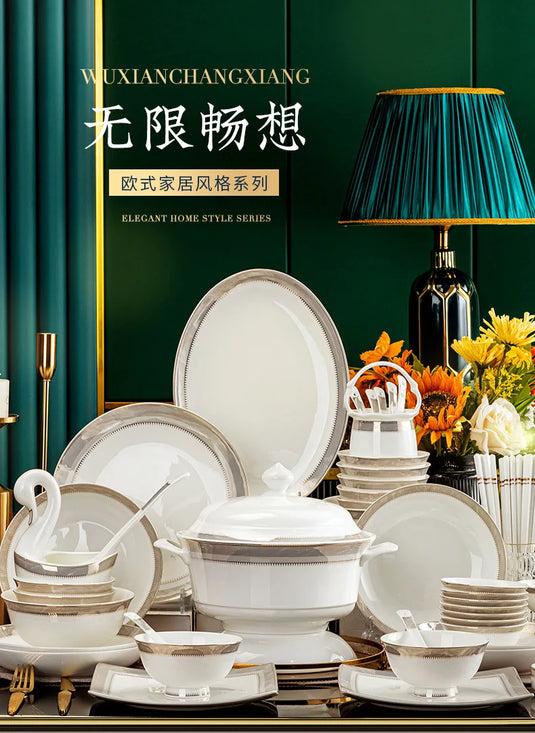 Vaisselle en céramique Jingdezhen, ensemble de bols, assiettes, cuillères, ensemble complet de bols et plats en porcelaine d'os, ensemble ménager